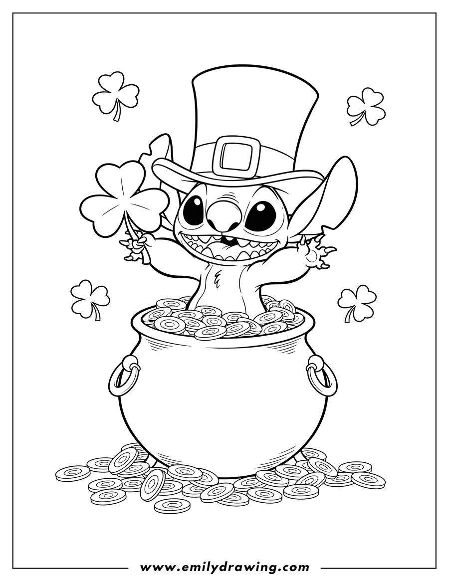 PDF style coloring page: stitch in a leprechaun hat, sitting in a pot of gold with a shamrock for St. Patrick's Day