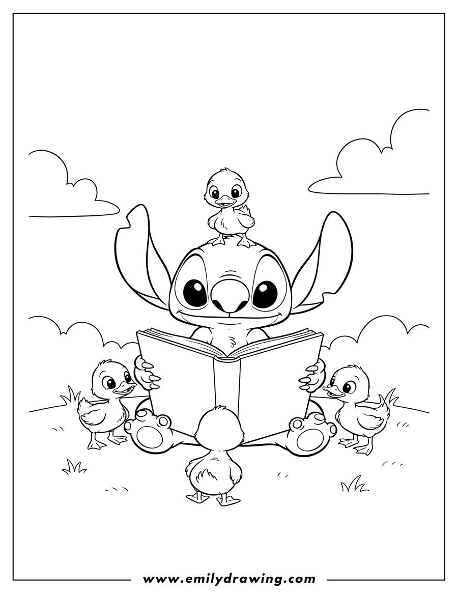 Downloadable coloring page of stitch reading a book to multiple ducklings, with one duckling perched on his head