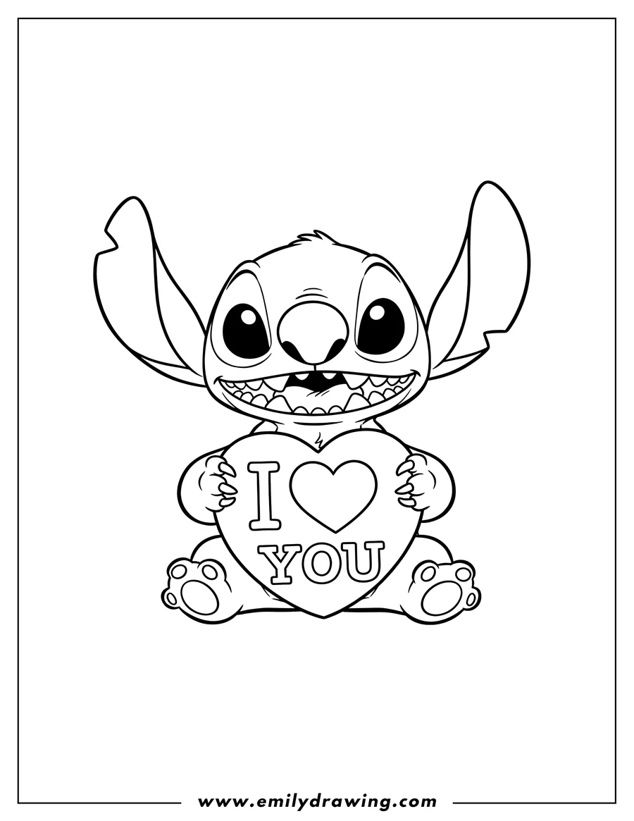 PDF style coloring page: stitch sitting and smiling, holding an 'I ❤️ YOU' sign for Valentine's Day