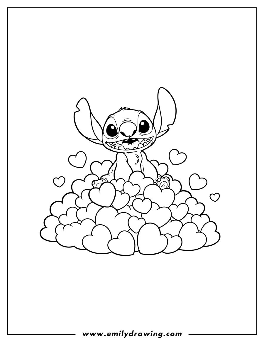 Doodle style coloring picture of stitch Sitting On Pile Love Hearts, looking forward, with various sized hearts