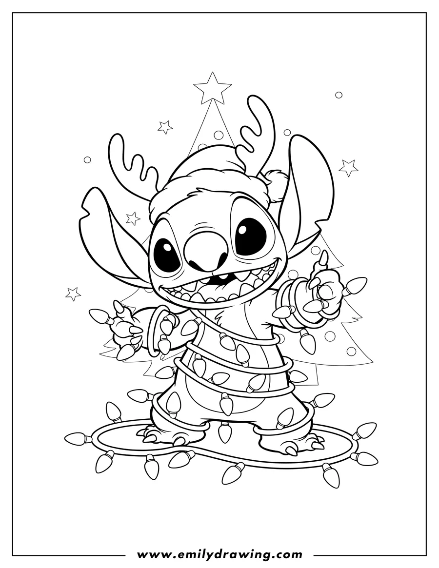 Doodle style coloring picture of stitch tangled in Christmas lights, wearing a Santa hat and antlers, giving a thumbs up