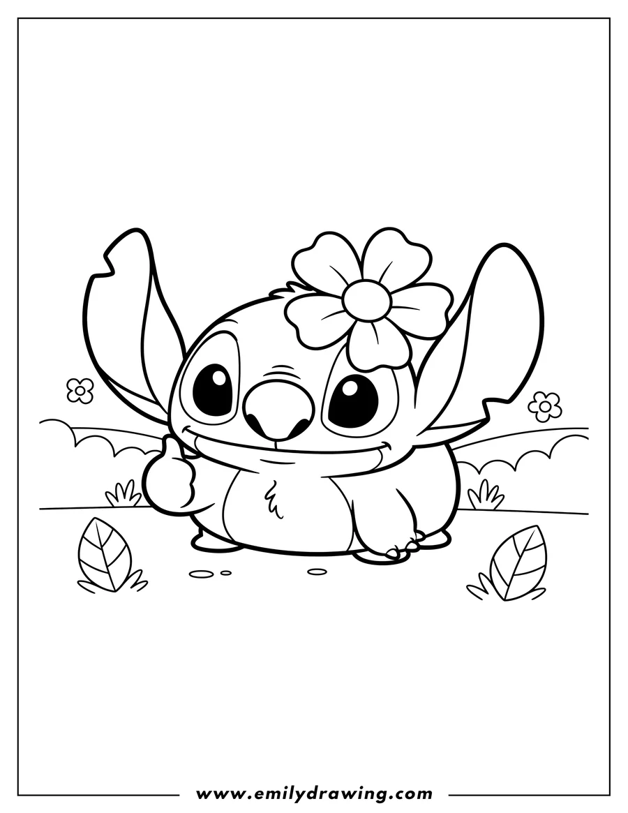 Coloring page of stitch Tsum Tsum Garden, with a flower on its head and giving a thumbs-up