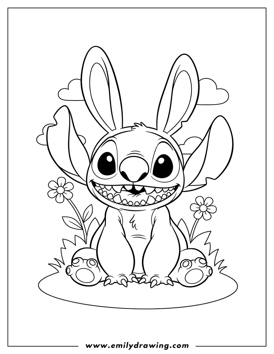 Coloring page of stitch wearing bunny ears, sitting with a toothy grin