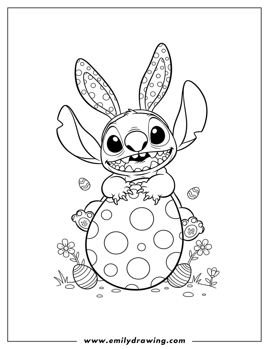 Simple sketch of stitch With Bunny Ears Sitting On Large Polka Dot Easter Egg, Smiling Wide to color