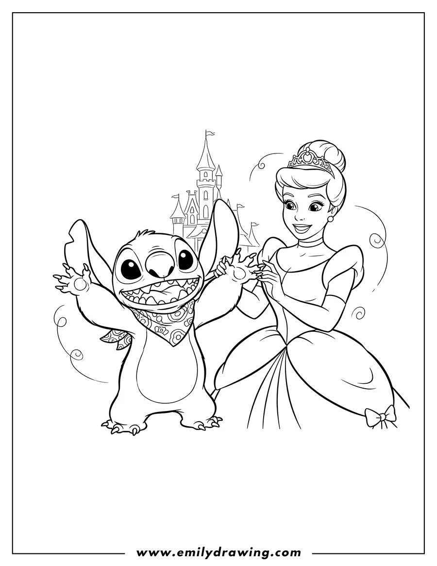 Simple sketch of stitch With Cinderella, Stitch wearing a bandana and raising his hands, Cinderella smiling to color