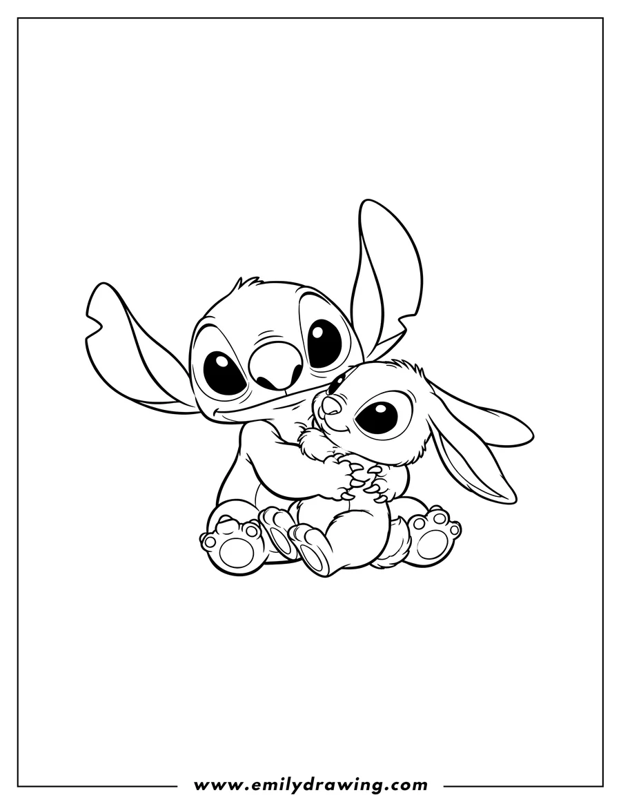 Coloring sheet featuring stitch and a rabbit sitting, hugging