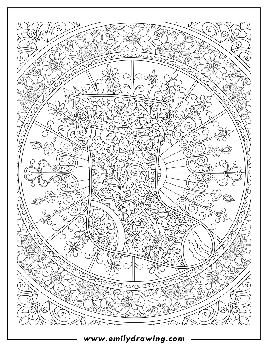 Black and white line art of stocking Christmas Mandala with detailed floral patterns, line art for coloring