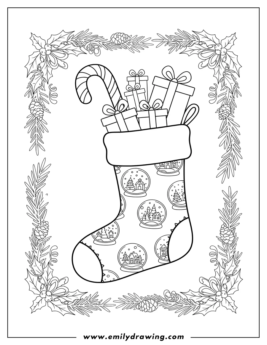 Vector style outline of christmas stocking filled with a candy cane and gifts, patterned with snow globes, and bordered by festive foliage
