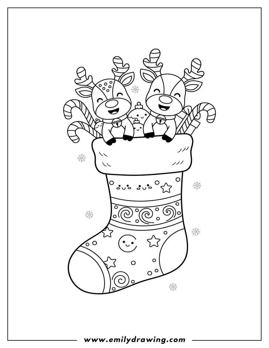 Clean line drawing: christmas Stocking with cute smiling reindeers wearing bells, and candy canes