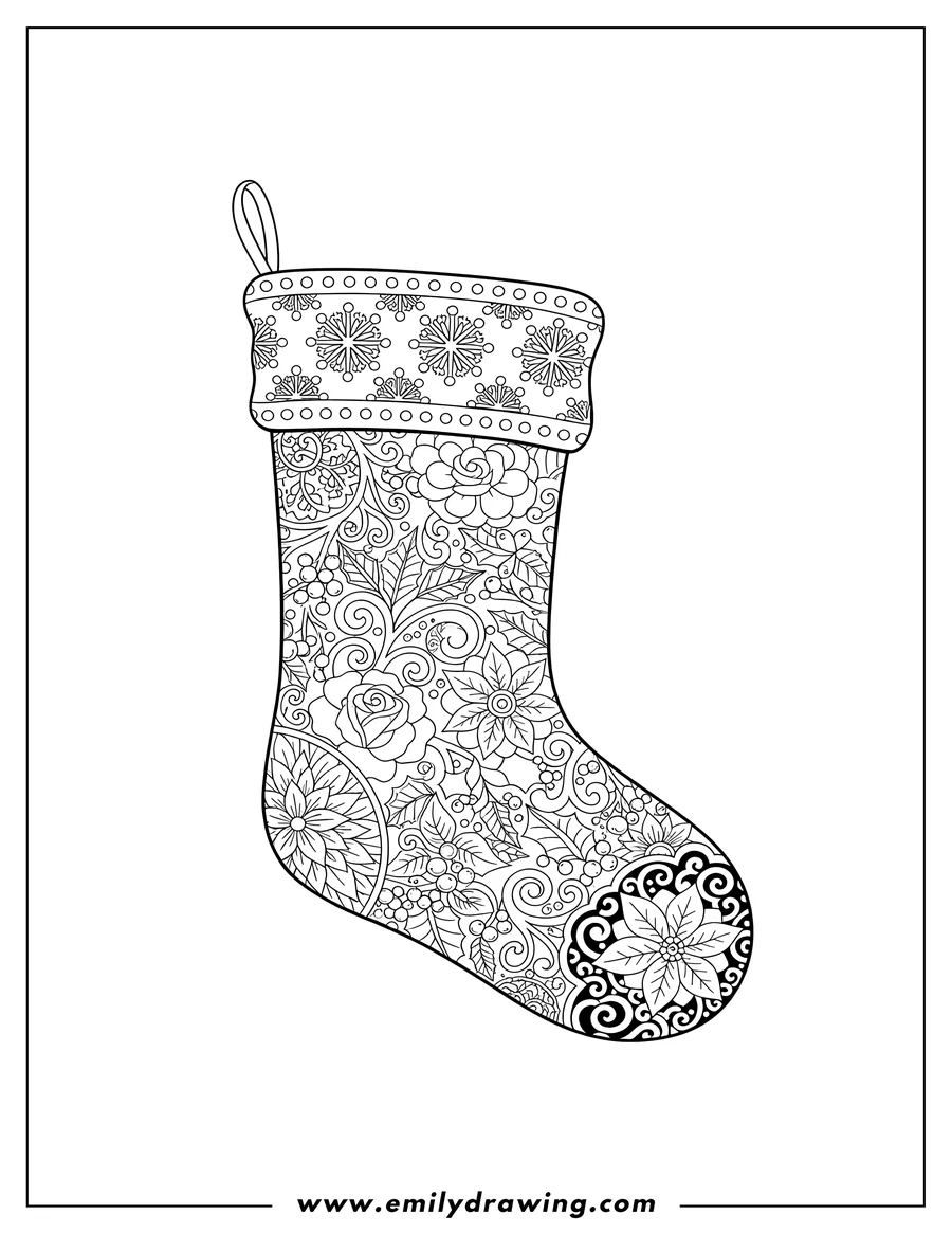 Downloadable coloring page of christmas Stocking With Intricate Floral Patterns