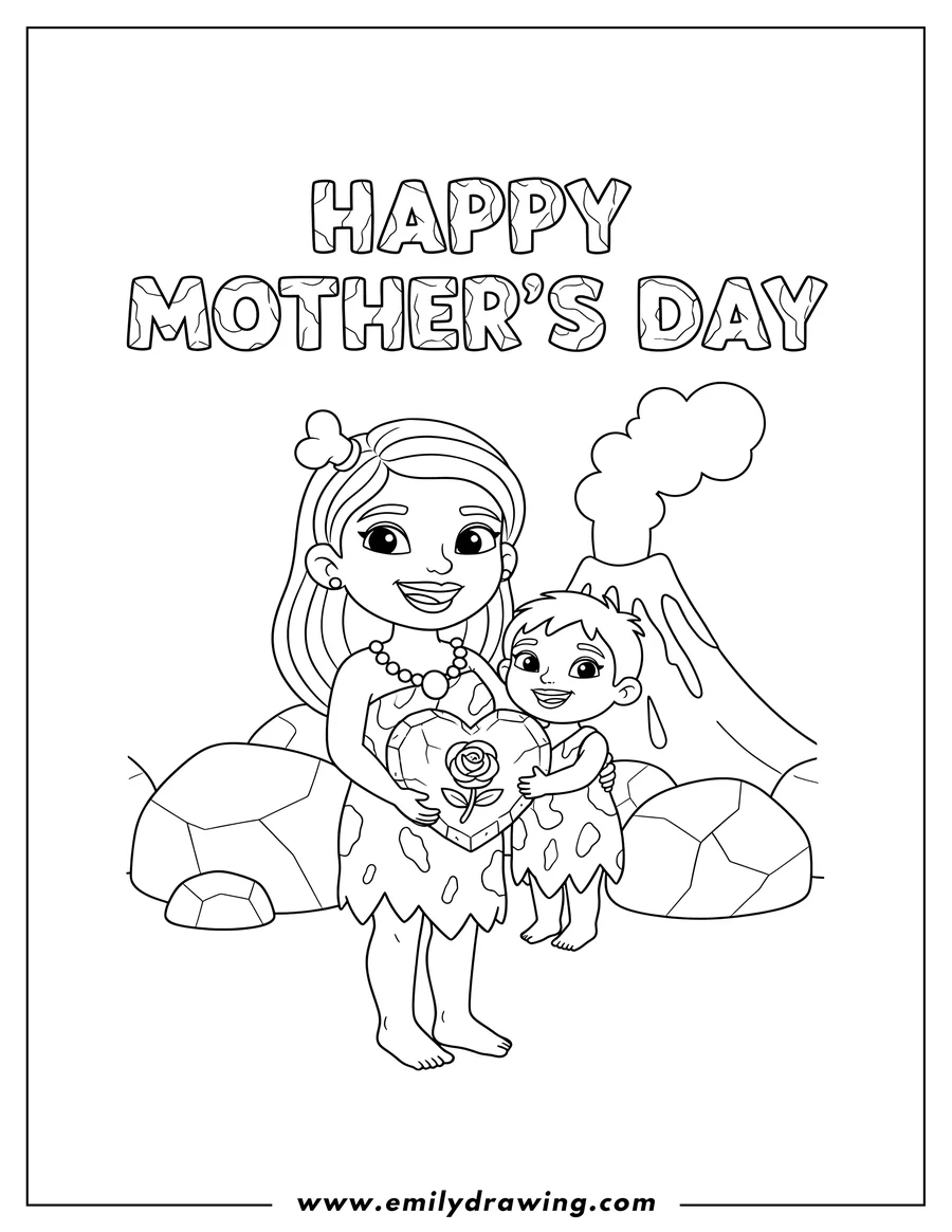High quality printable stone Age Theme Happy Mother S Day with blocky text, a stone heart, and a rose for coloring