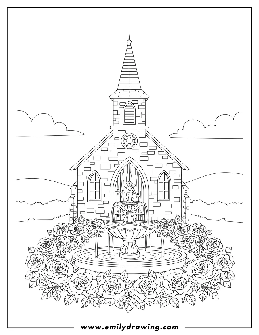 Downloadable coloring page of stone Church with Steeple, Multi-tiered Garden Fountain, and Rose Border