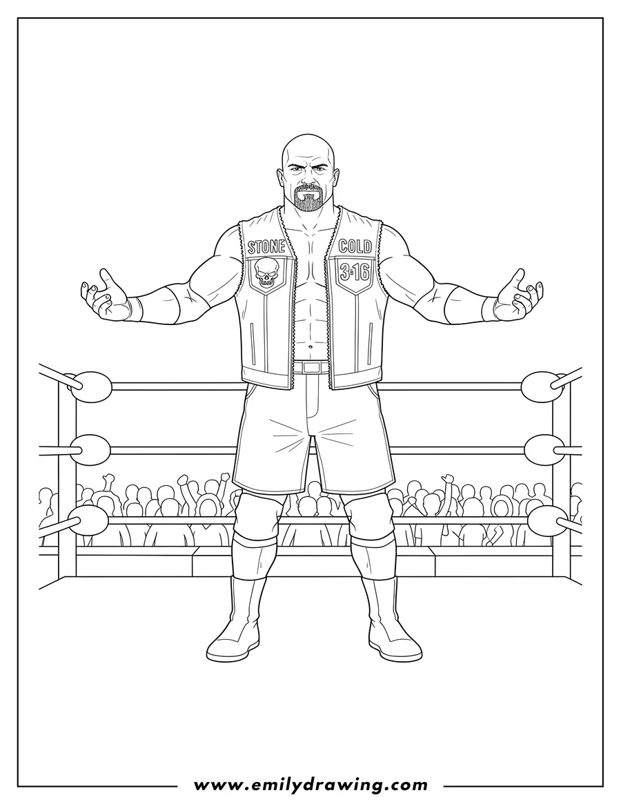 Coloring page for kids: stone Cold Steve Austin wearing his vest in a wrestling ring