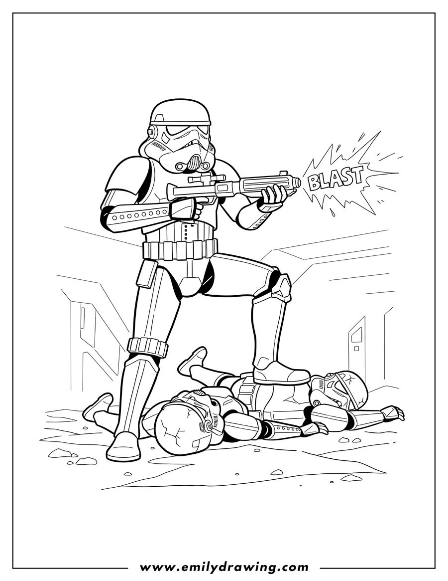 Printable line art of stormtrooper Shooting Blaster While Stepping Over Fallen Comrades
