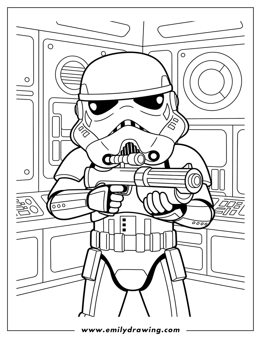 Full page coloring image of detailed Stormtrooper aiming a blaster rifle in a Star Destroyer