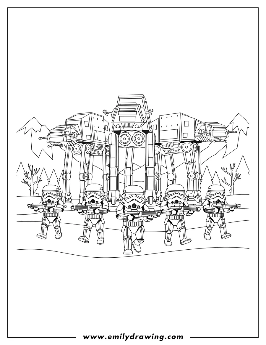 Vector style outline of stormtroopers marching, holding blasters, in front of multiple AT-ATs