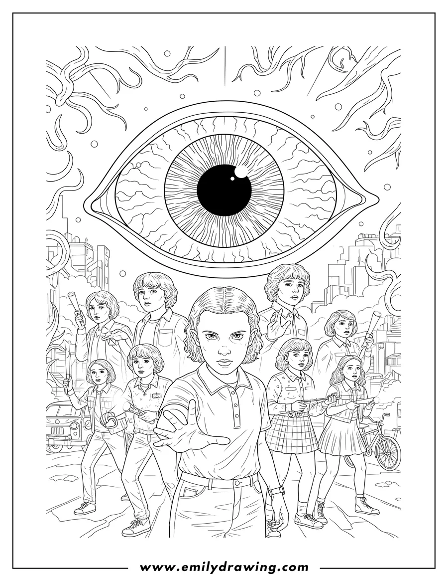 Linear illustration of stranger Things Movie Poster featuring many characters and a large monster's eye