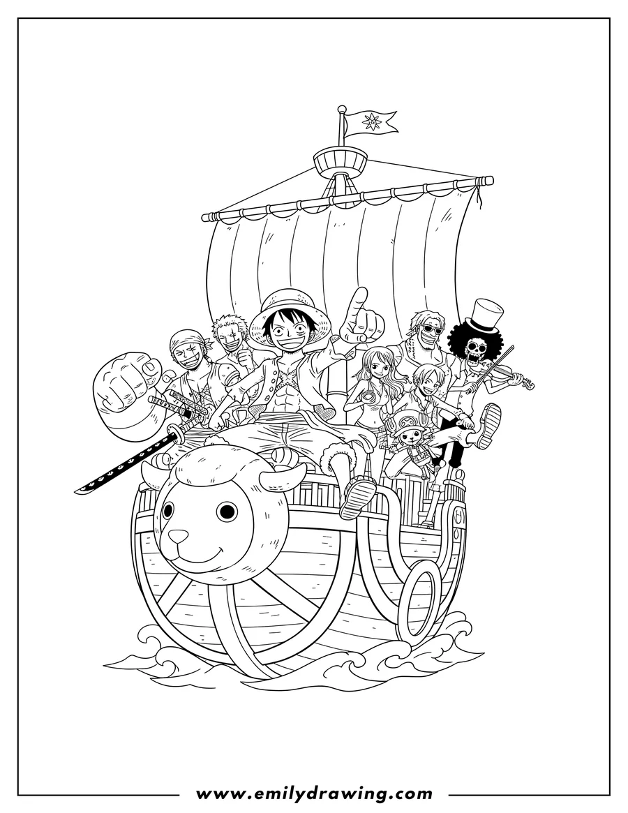 Free printable coloring sheet of straw Hat Pirates on Going Merry ship with Luffy pointing and the crew smiling
