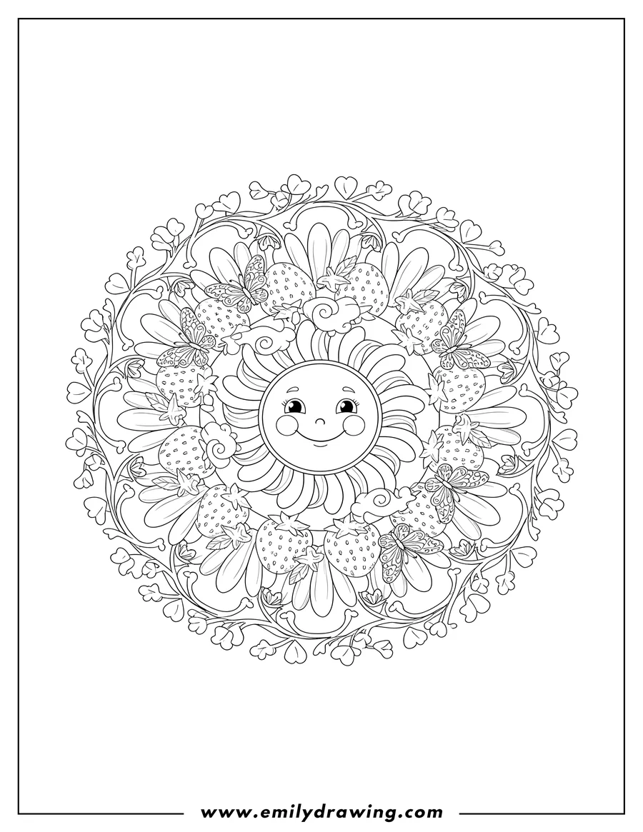 Clean line drawing: strawberries And Butterflies Centered Around Daisy Mandala, with a happy sun and clouds