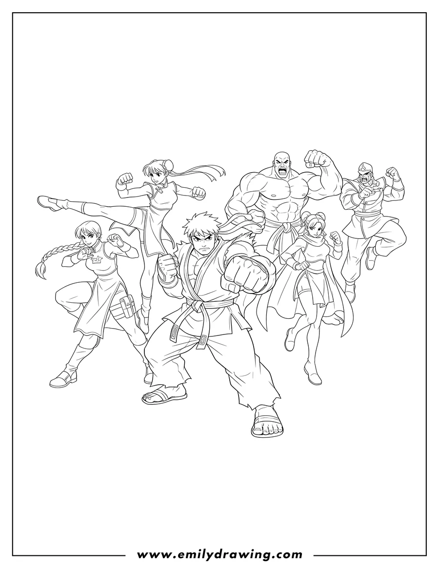 Printable coloring page of street Fighter Ryu Lucia Chun Li Urien Rose And M Bison striking dynamic poses, with Ryu punching and Urien roaring