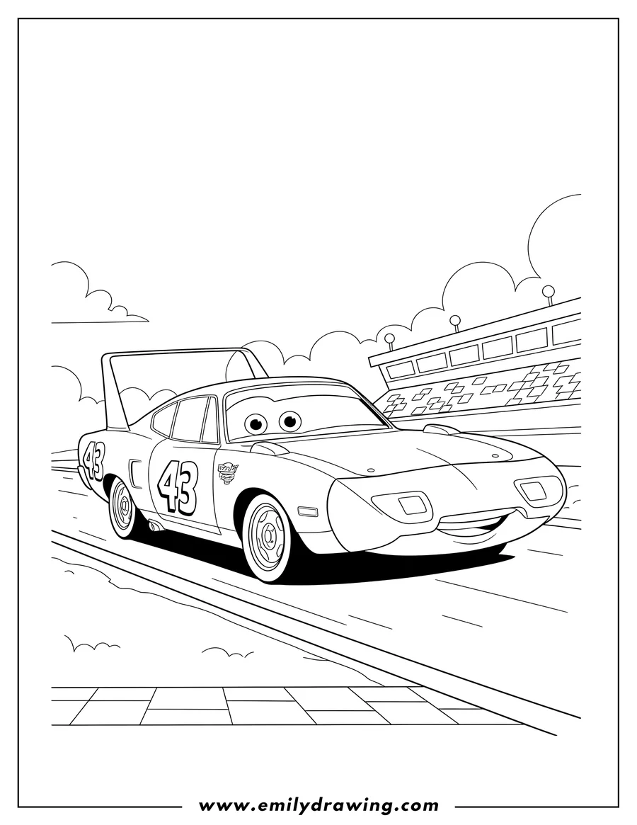 Coloring sheet featuring strip King Weathers smiling on a race track with the number 43