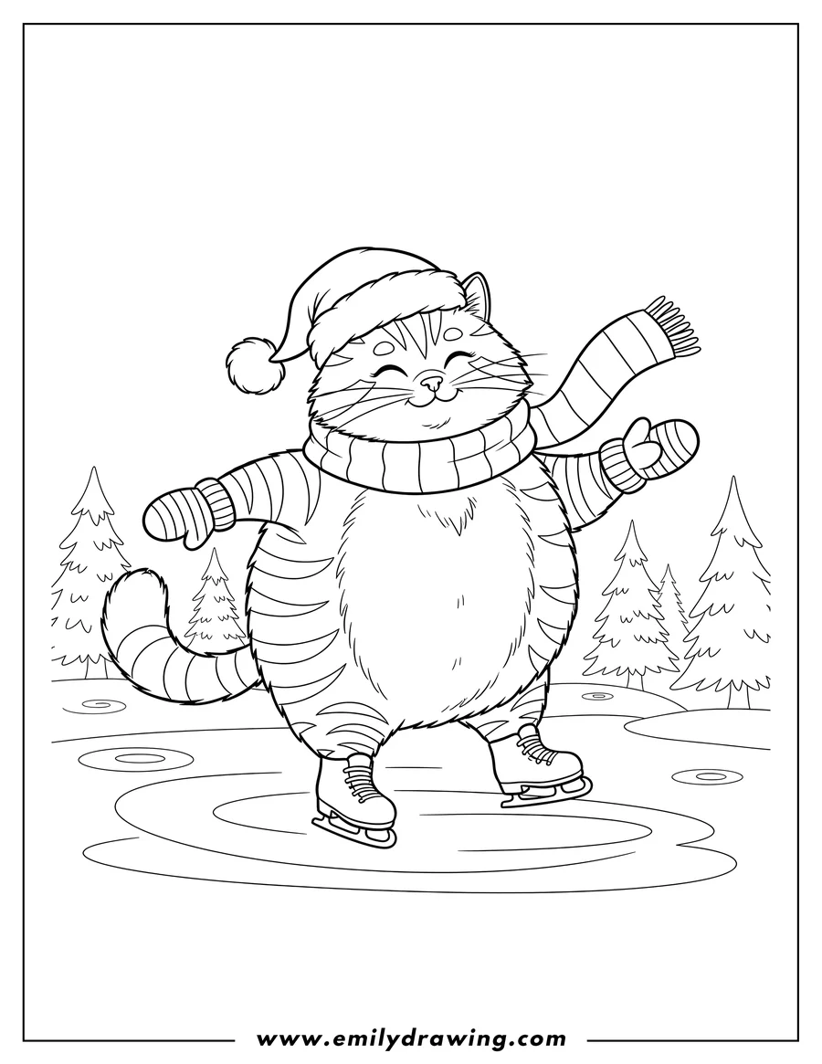 High quality printable striped Christmas Cat On Ice Skates wearing a Santa hat, striped scarf, and mittens for coloring