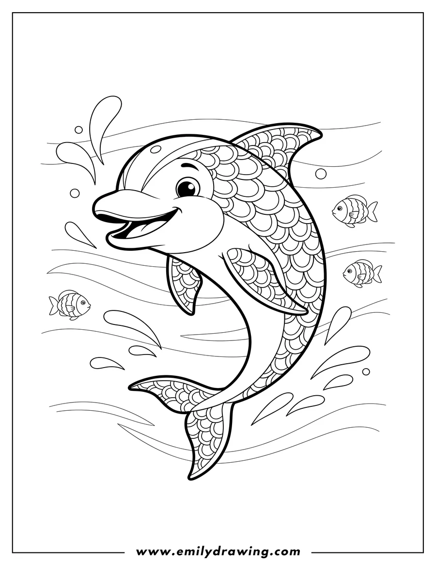Coloring page of striped Dolphin Scaled swimming happily