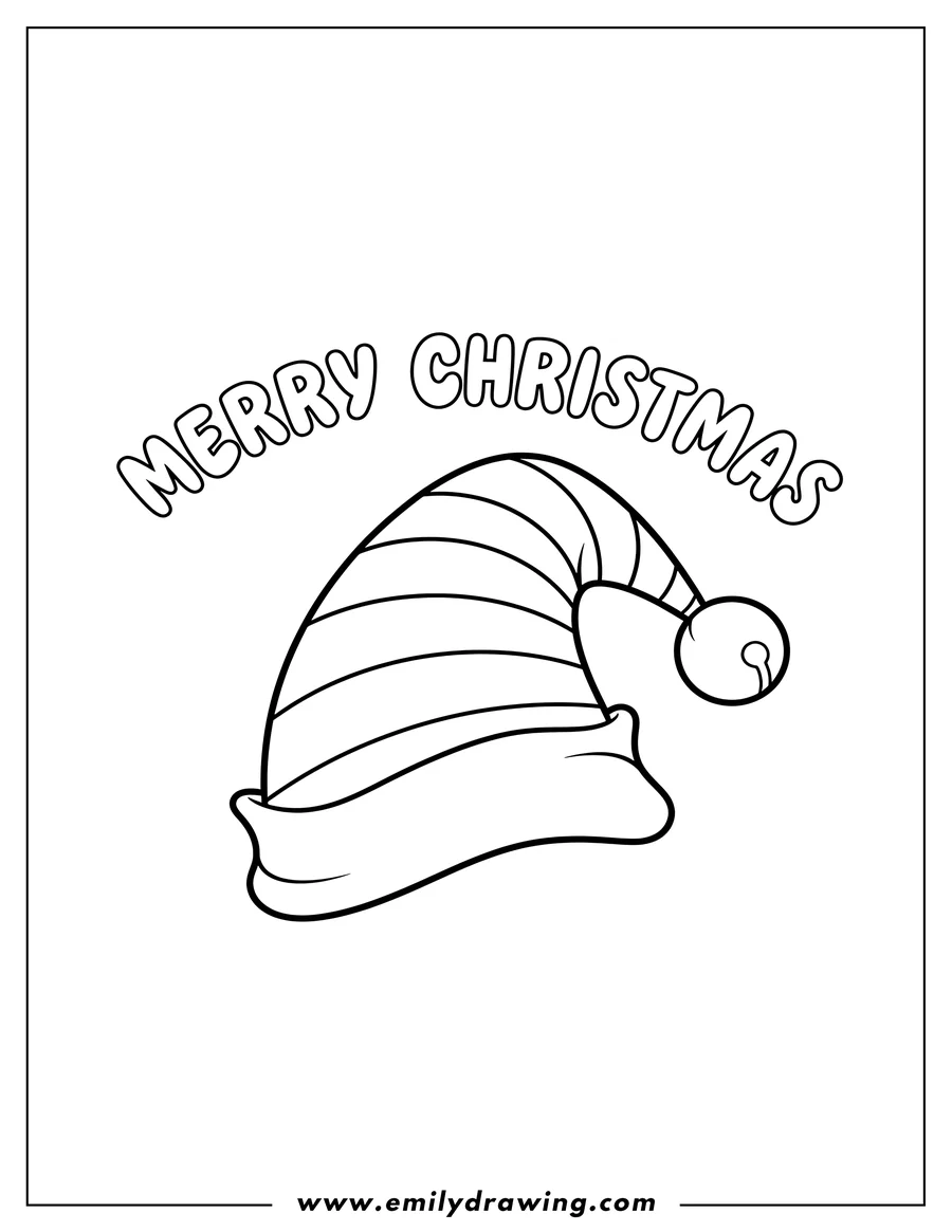 Doodle style coloring picture of A striped elf hat with a pompom, and MERRY CHRISTMAS text above