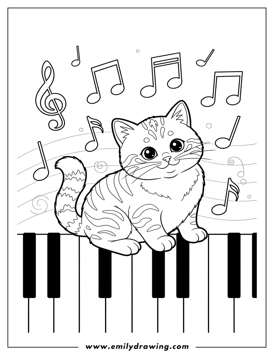 Linear illustration of striped Kitten Sitting On Piano Keys With Music Notes