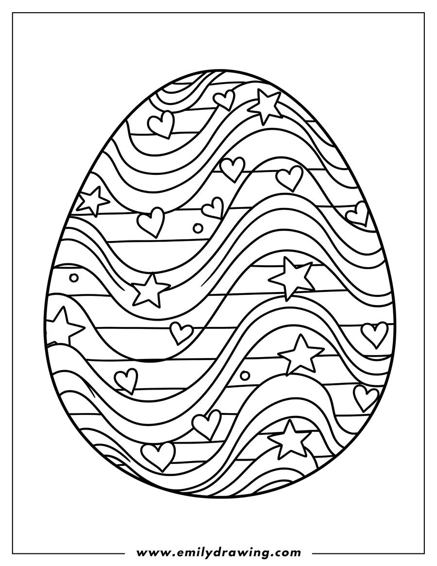 PDF style coloring page: stripes And Wavy Lines Easter Egg Design with hearts and stars