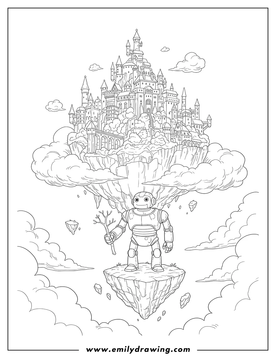 Coloring page for kids: studio Ghibli floating castle in the sky with a robot standing on a rock
