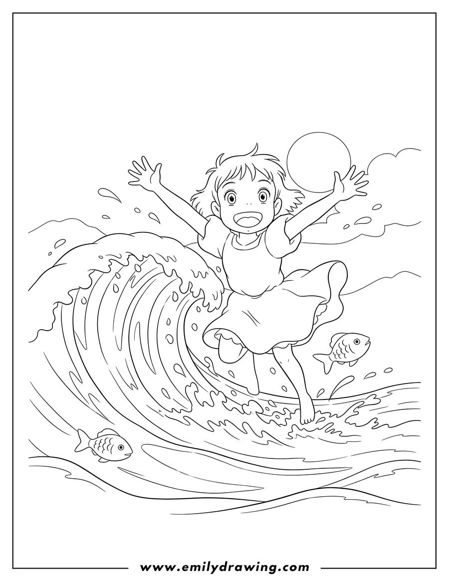 Full page coloring image of studio Ghibli Ponyo popping out of a wave with wide eyes
