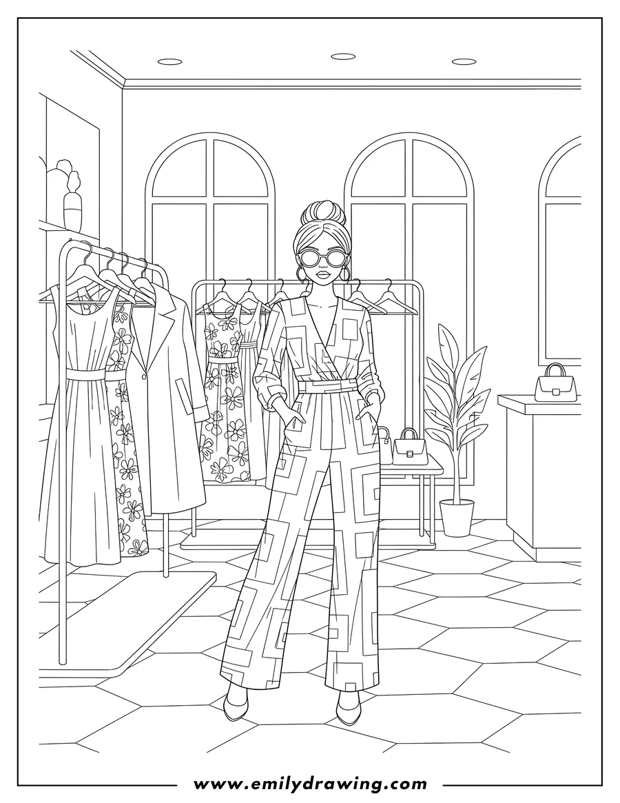 Black and white line art of modern Boutique Interior With Stylish Shopper Standing in a Jumpsuit with Hands in Pockets, Surrounded By Dresses And Coats