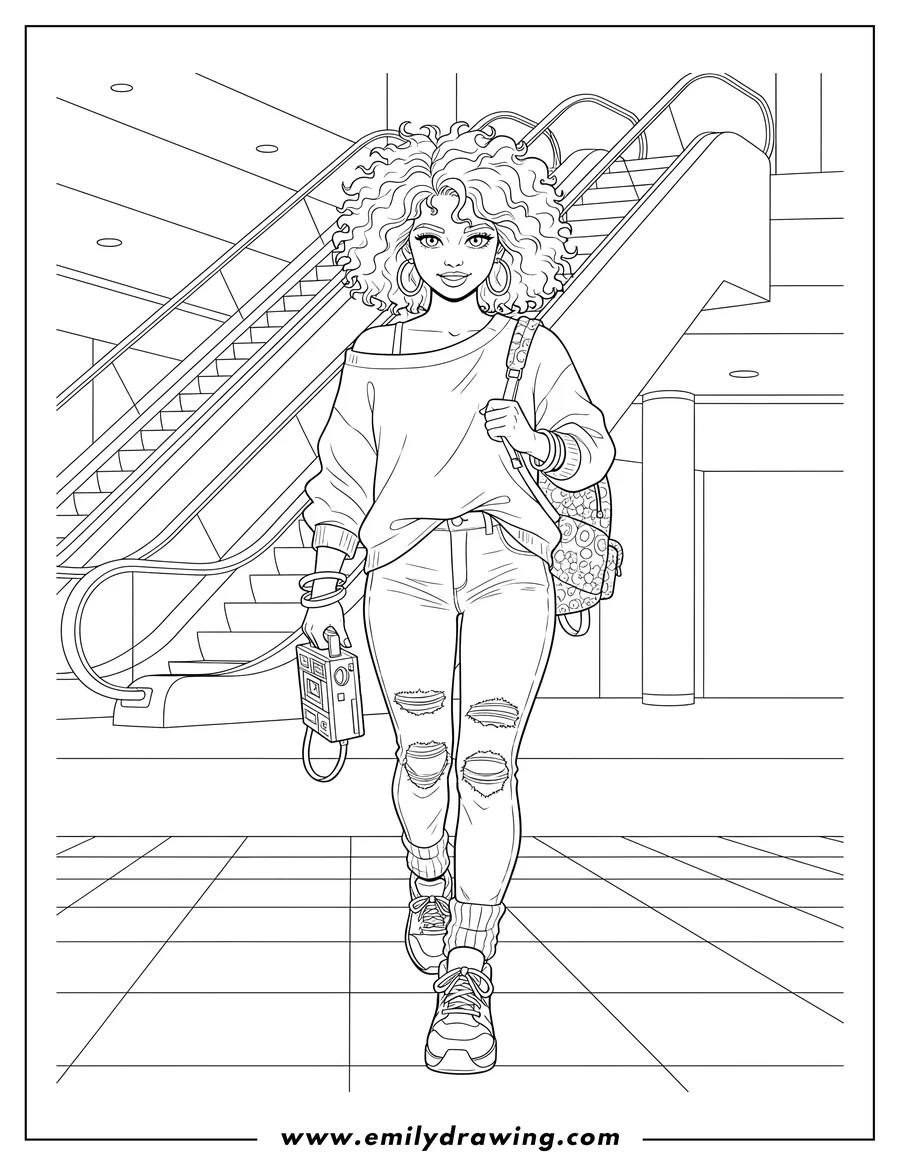 Coloring page for kids: stylish Teen Girl With Curly Hair Strutting Down Mall Hallway Looking At Viewer With Escalators Behind Her 80S