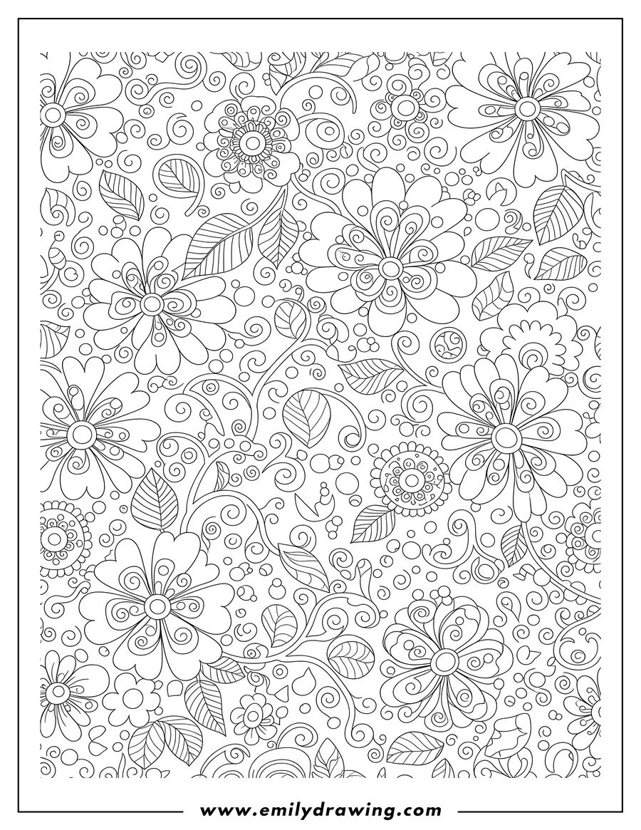 Outline drawing of stylized repeating floral pattern with decorative dots