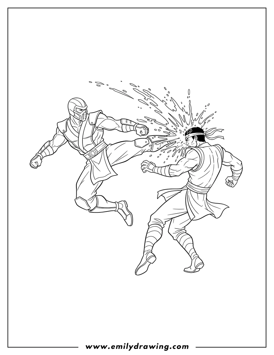 Full page coloring image of sub Zero delivering a high kick to Liu Kang's head, causing a splash
