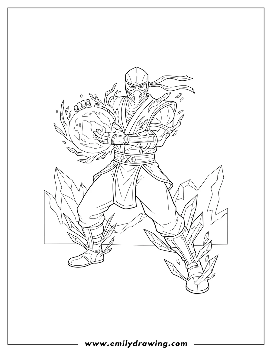 Printable coloring page of mortal Kombat Sub Zero holding an ice ball and using ice powers