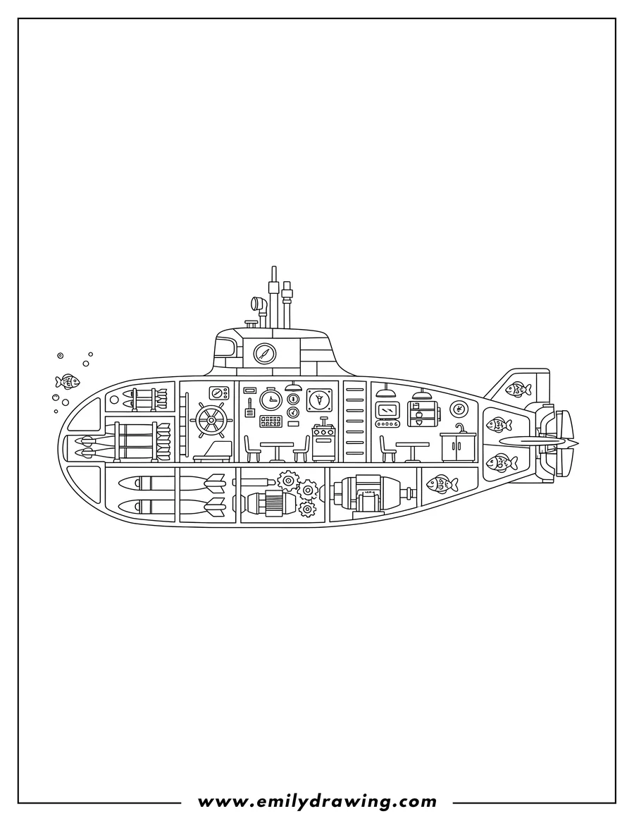 Free printable coloring sheet of submarine Internal Parts, a detailed cutaway view, showing torpedoes