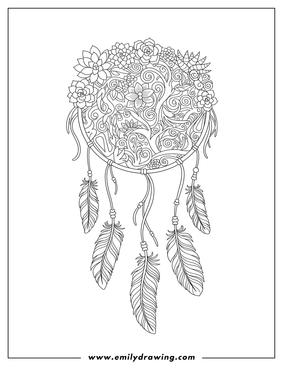 Coloring page of succulent Dreamcatcher with layered floral patterns and hanging feathers