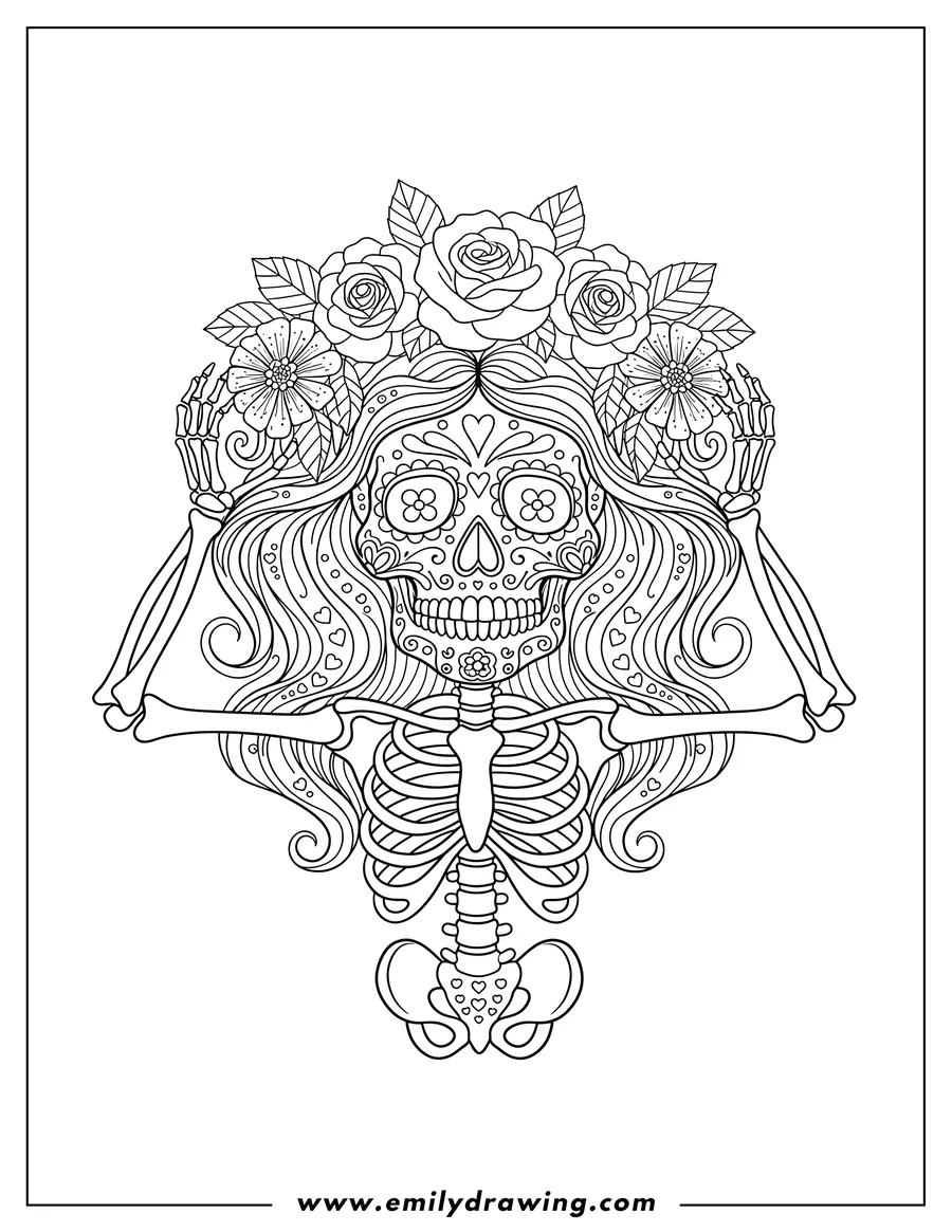 Downloadable coloring page of sugar Skull with Hair, Floral Crown, and Skeleton Torso