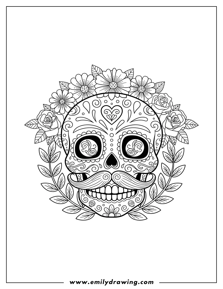 High quality printable cute Happy Cinco De Mayo Sugar Skull with a mustache, decorated with flowers and laurel branches for coloring