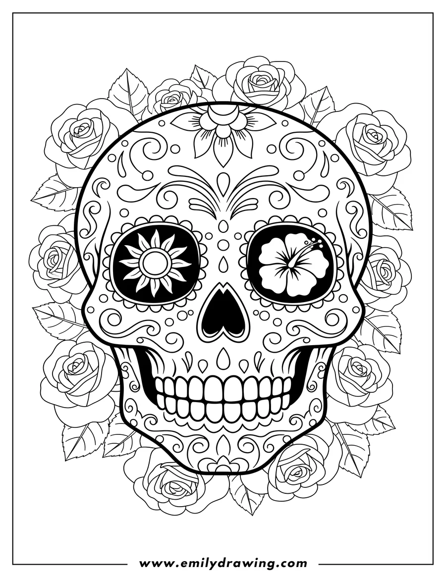 PDF style coloring page: sugar Skull with sun and hibiscus patterns on its eyes, surrounded by roses