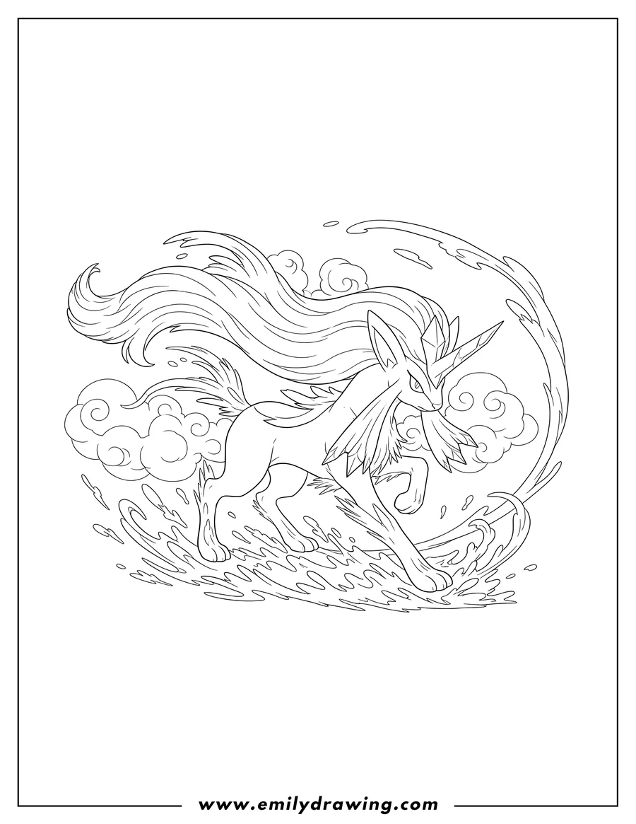 PDF style coloring page: suicune Frozen Flow Pokemon Card coloring page, with Suicune in a dynamic running pose and flowing ribbons