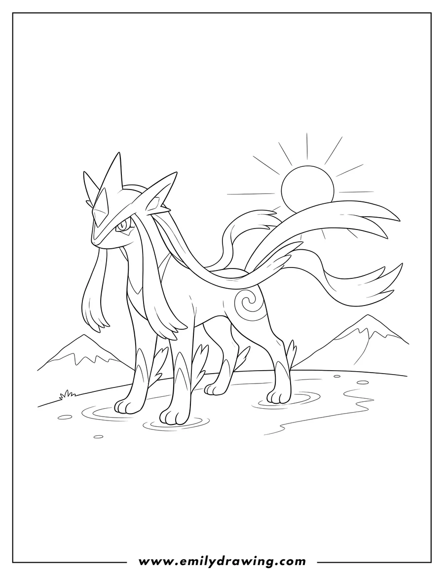 High quality printable suicune Legendary Pokemon standing with its distinctive angular headpiece and long tail for coloring