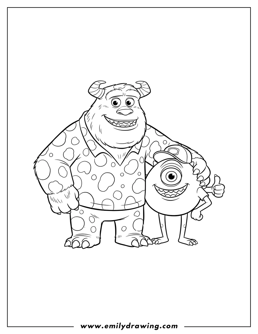 Downloadable coloring page of monsters Inc coloring page of Sulley and Mike Wazowski, Mike giving a thumbs up