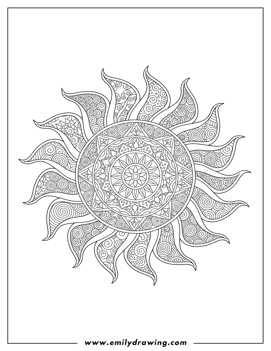 Full page coloring image of sun Mandala Mosaic, coloring page, with intricate geometric patterns and flame-like rays
