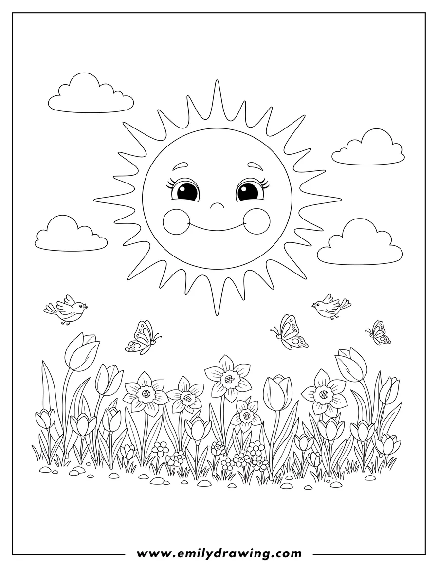 Line art of a smiling sun character in the sky above a field of spring flowers including tulips and daffodils, with butterflies and birds flying around.