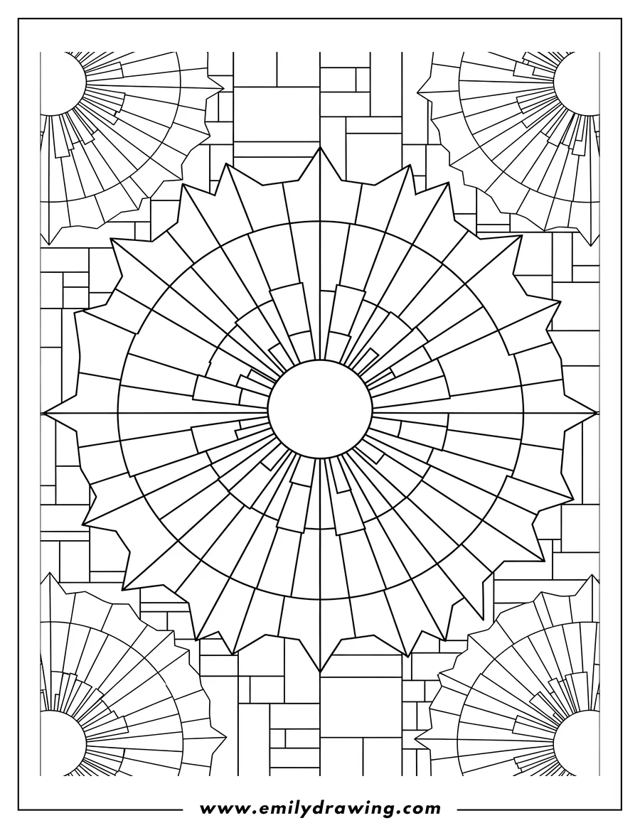 Coloring sheet featuring beautiful sunburst flowers with rectangular petals in a mosaic