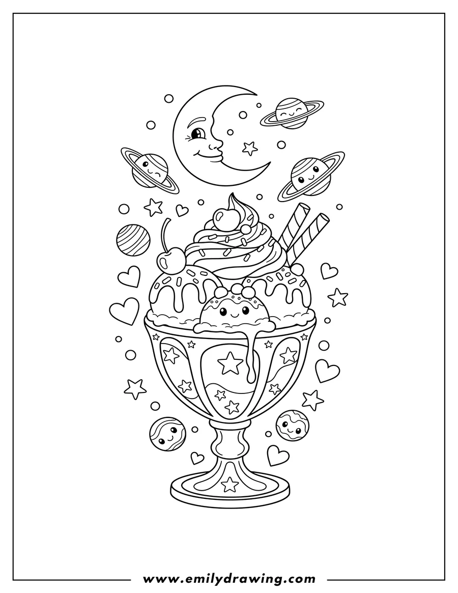Coloring page for kids: lisa Frank Sundae Space with a large goblet sundae, smiling moon, and planets