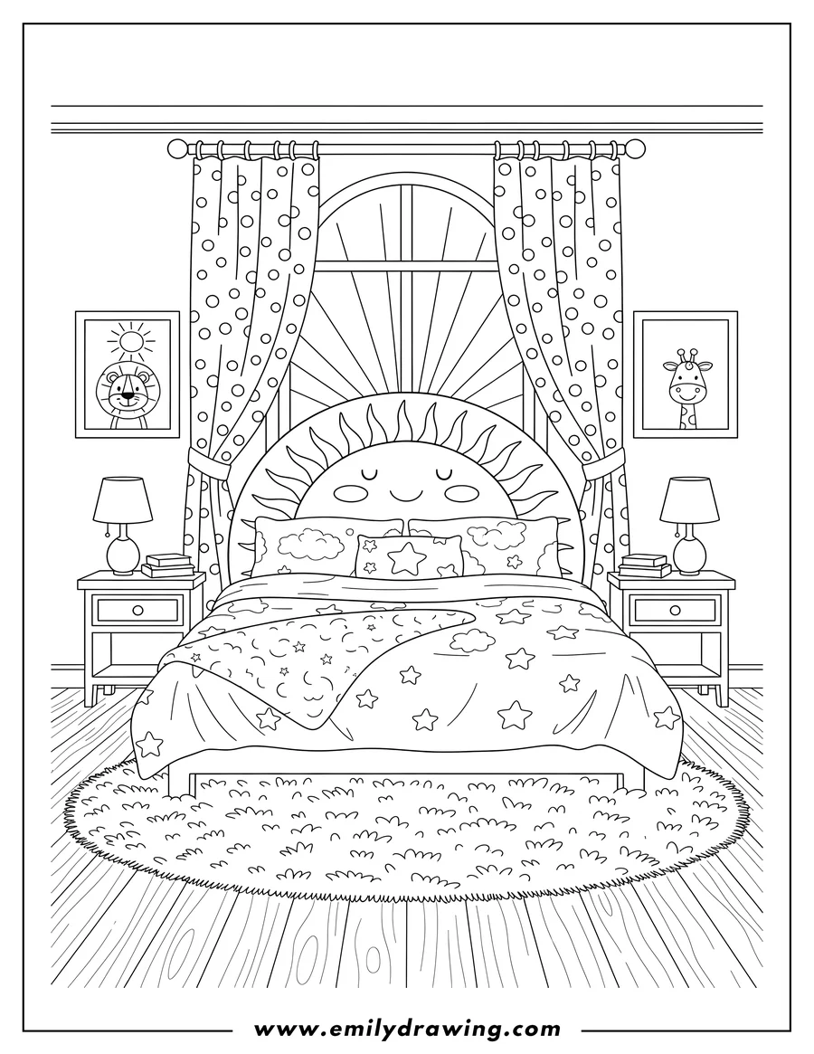 Clean line drawing: sunny Bedroom With Double Bed, sun headboard, nightstands, paintings, rugs, and curtains